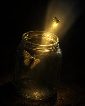 Glowing insect escapes from a glass jar into darkness.