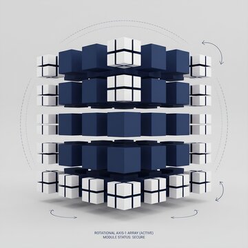 Abstract cube arrangement with rotational arrows and secure module status in 3d render