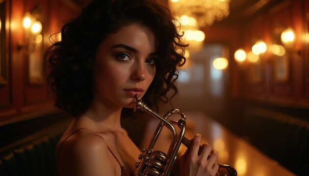 Beautiful young woman posing with brass trumpet in vintage jazz club. Elegant female musician holds golden instrument indoors. Retro atmospheric nightclub background with warm lighting, soft glow,