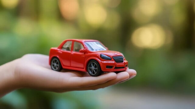 Human hand holding a small red toy car model representing car insurance, rental, buying a new vehicle, car sharing service, or obtaining a driver's license