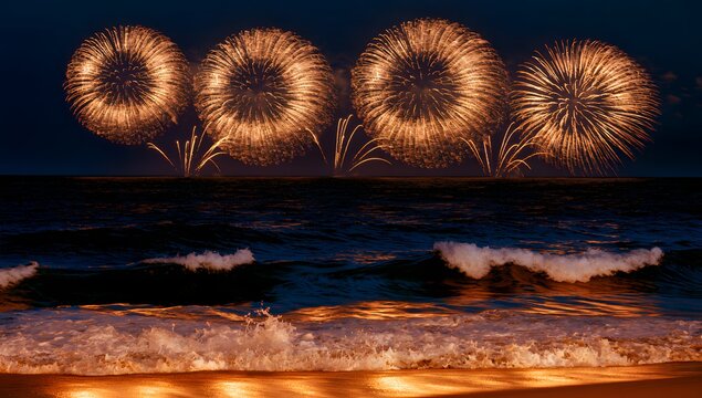 A stunning fireworks display over a serene ocean at night