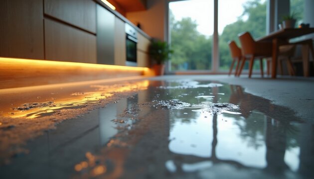 Flooded kitchen floor with puddles from pipe leakage. Damaged interior home space wet surface. Water spreads across tiles near modern furniture. Domestic emergency accident causes property