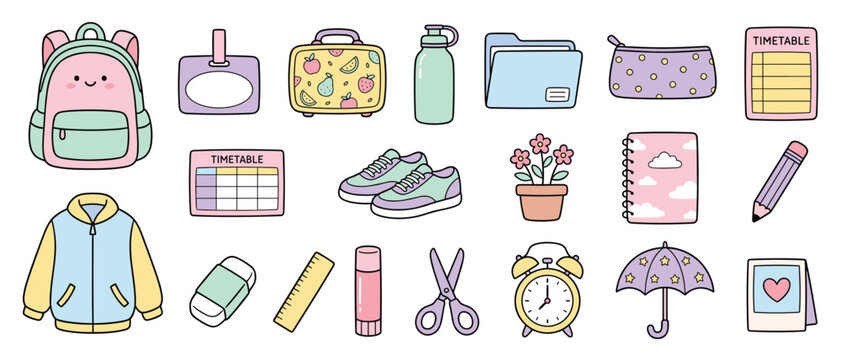 Back to school essentials icon set vector illustration with hand drawn backpack, clothes and supplies doodle