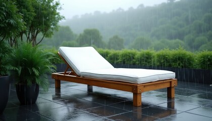 Obraz premium Wooden sun lounger with white cushions stands on wet outdoor terrace during heavy summer rain. Dark tiled floor reflects droplets falling from sky. Green potted plants decorate balcony space nature