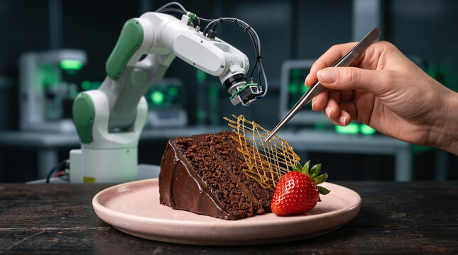 Robot culinaire assistant la d&eacute;coration d'un dessert au chocolat