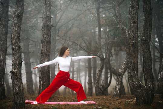 Woman practicing yoga warrior pose in a foggy autumn forest