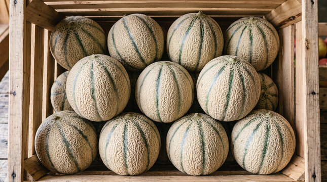 Cagette en bois remplie de melons charentais fra&icirc;chement r&eacute;colt&eacute;s