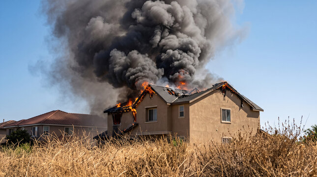 Maison ravag&eacute;e par un incendie avec &eacute;paisse fum&eacute;e noire