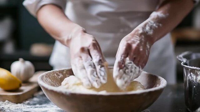 Close up of professional baker's hands kneading dough in a rustic wooden bowl for making homemade bread, with flour sprinkled on a kitchen countertop