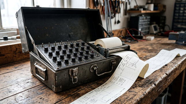 Vintage industrial data logging machine with paper printout on wooden table