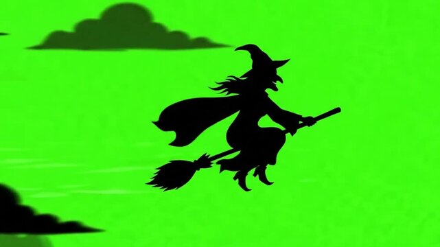 2D Silhouette Witch Flying on Broom in Sky Green Screen Background Halloween Animation