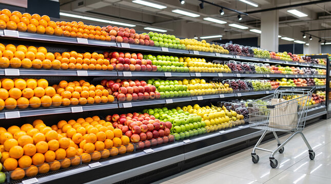 Rayon de fruits frais parfaitement rang&eacute;s dans un supermarch&eacute;