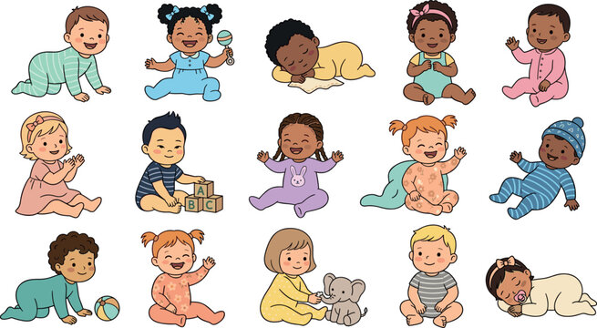Cute diverse cartoon babies character vector set featuring multicultural infants crawling playing sleeping and smiling for nursery designs and parenting applications