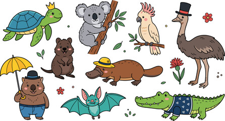 Cute Australian Animals Cartoon Character Vector Set with Koala Wombat Platypus Quokka Cockatoo Emu and Crocodile Illustration © Sahina