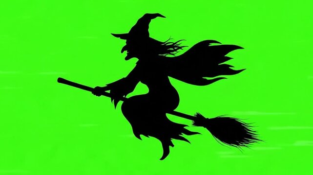 2D Silhouette Witch Flying on Broom in Sky Green Screen Background Halloween Animation
