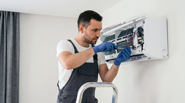 Technicien r&eacute;parant un climatiseur mural dans une chambre