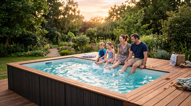 Famille profitant d&rsquo;une petite piscine ext&eacute;rieure dans un jardin