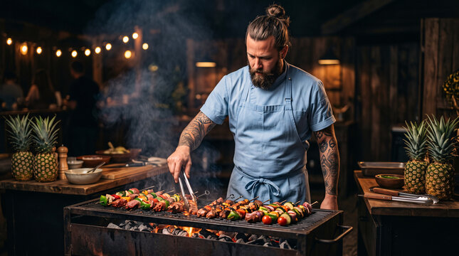 Chef pr&eacute;parant des brochettes de l&eacute;gumes sur un barbecue