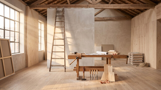 Pi&egrave;ce en r&eacute;novation avec &eacute;chelle, outils et mat&eacute;riaux de construction