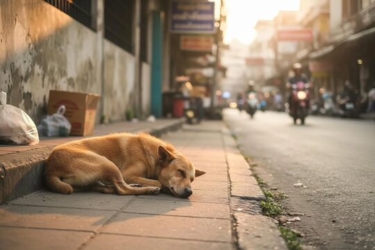 Stray dog sleeping peacefully on urban sidewalk outdoor representing street life animal welfare and stray animals