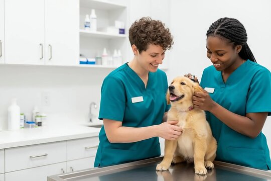 Two veterinary healthcare professionals examining golden retriever puppy in clean clinic representing pet wellness and animal care