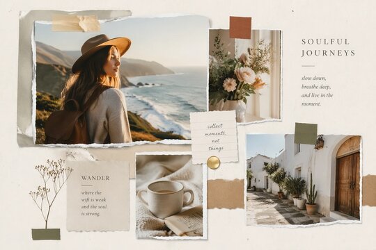 Wanderlust lifestyle mood board collage with coastal travel coffee cup and rustic architecture representing mindful travel and slow living