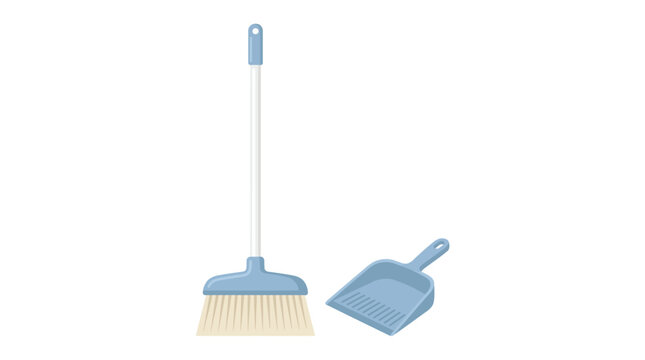 Detailed blue plastic floor broom and matching handheld dustpan vector illustration for professional cleaning service projects