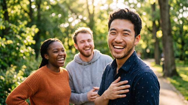 Groupe d&rsquo;amis multiculturel riant ensemble dans un parc