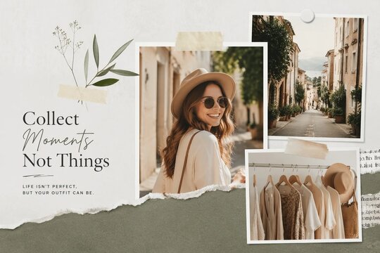Travel lifestyle and fashion mood board collage with inspirational quote representing aesthetic wanderlust and style