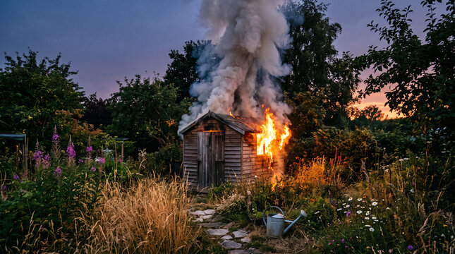 Abri de jardin en flammes au coucher du soleil
