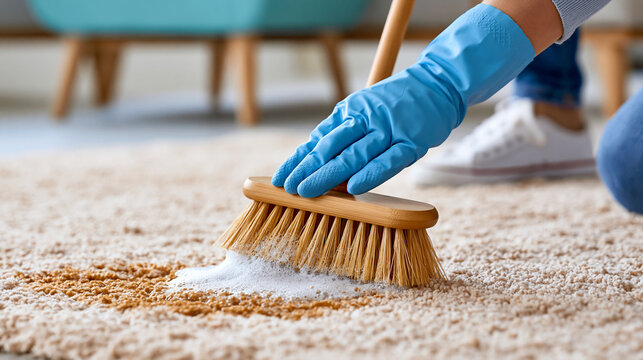 Faceless cleaner scrubbing a stain on a beige carpet with a brush and soapy water, home maintenance service  , with copy space