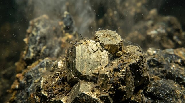 Iron sulfide mineral crystals inside a primordial hydrothermal vent channel, showing abiotic catalysis for the origin of life through prebiotic abiogenesis on early earth.