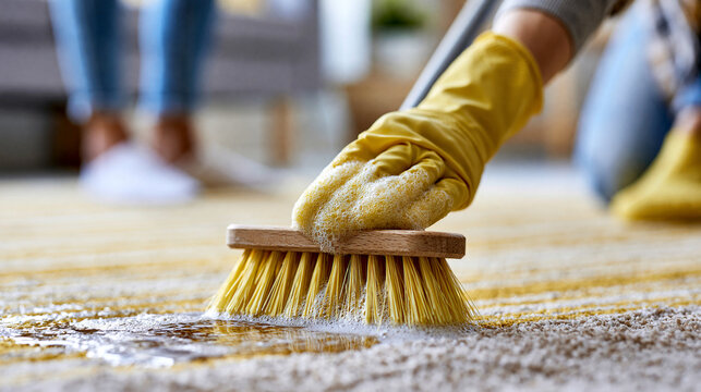 Faceless cleaner scrubbing a stain on a beige carpet with a brush and soapy water, home maintenance service  , with copy space