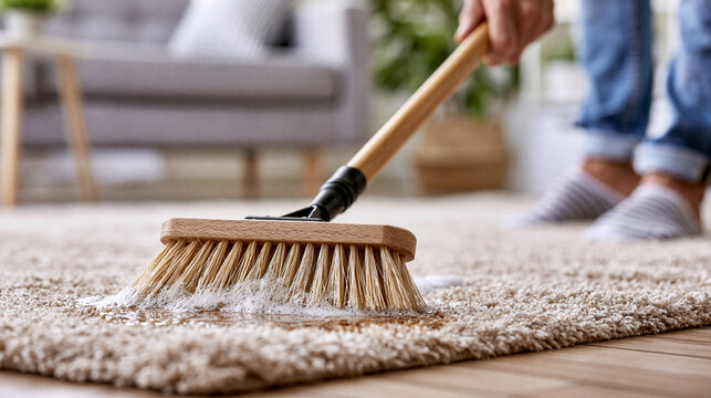 Faceless cleaner scrubbing a stain on a beige carpet with a brush and soapy water, home maintenance service  , with copy space