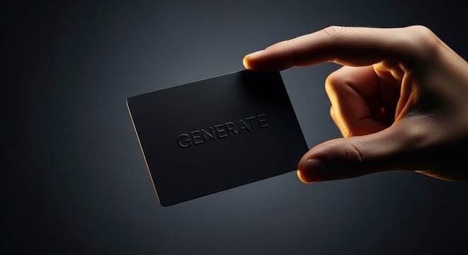 Hand holds a sleek black minimalist card featuring the word generate embossed on the textured surface.