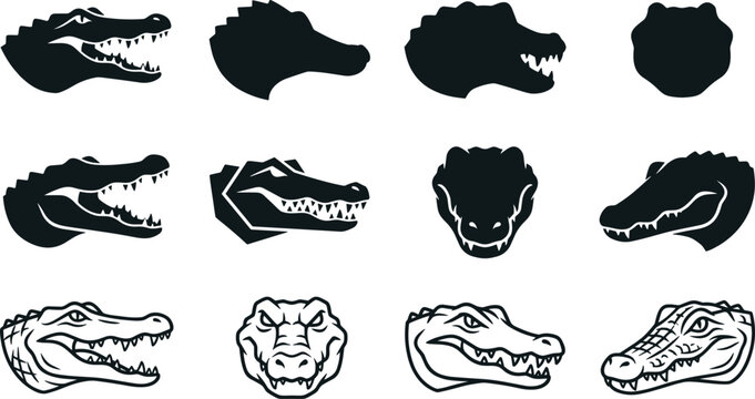 Alligator and crocodile head vector silhouette icon set featuring predatory reptile jaws teeth and mascot profiles for sports team emblems and wild animal branding