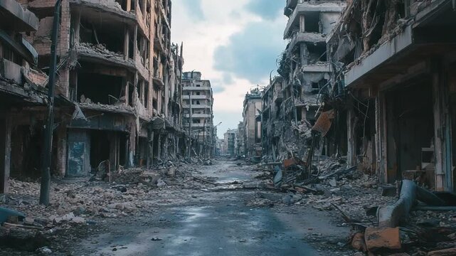 Destroyed buildings and rubble littering a deserted street in a war-torn city, a devastating scene of urban decay and the aftermath of conflict and destruction
