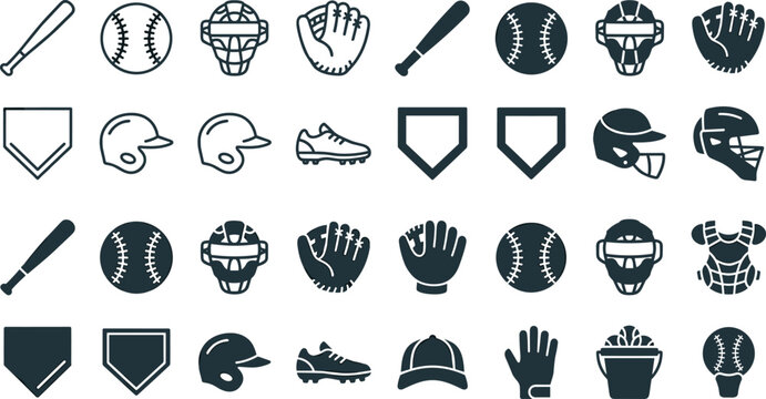 Baseball and softball sports icon set featuring bat ball glove helmet home plate and catcher mask graphics for tournament app interfaces and team branding designs