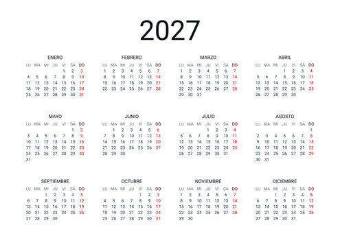 2027 year Spanish calendar in Spanish language. Classical, minimalistic, simple design. White background. Vector Illustration. Week starts from Monday.
