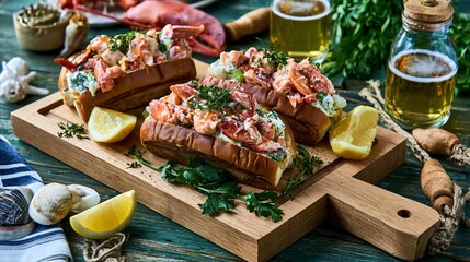 Fototapeta premium A seafood serving board featuring Lobster Rolls, lemon wedges, herbs, and artisan coastal accessories