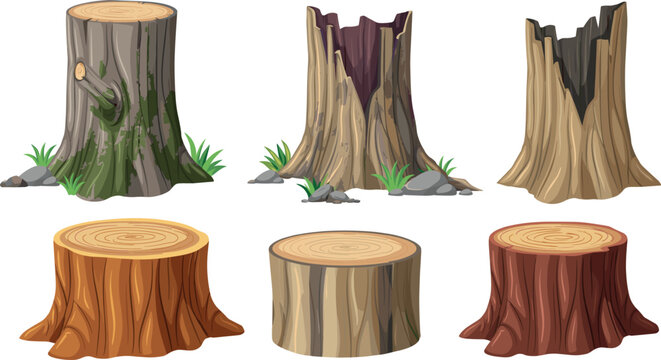 Tree Stump and Old Log Vector Set Featuring Mossy Bark Broken Hollow Trunks and Annual Growth Rings for Forest Landscape and Wood Graphic Designs
