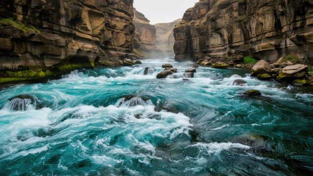 Turquoise river rapids flowing through deep rocky canyon walls with rushing through narrow walls beneath soft