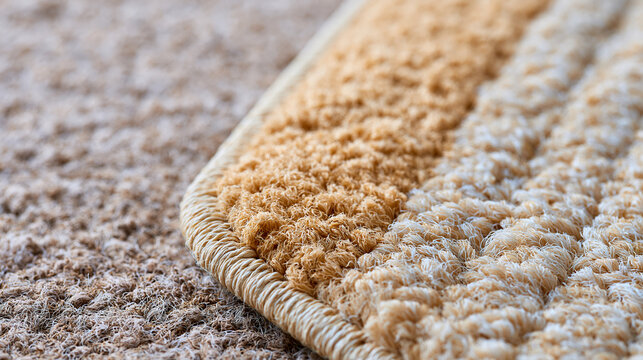 Close-up comparison of a soiled carpet section beside a freshly cleaned area, professional cleaning results  , with copy space