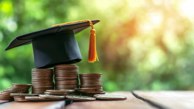 Graduation cap on stacks of coins representing the high cost of education, tuition fees, student loans, scholarships, and saving for college or university studies