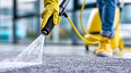 Fototapeta premium Faceless professional cleaner steam cleaning an office carpet with industrial equipment, deep sanitation service , with copy space