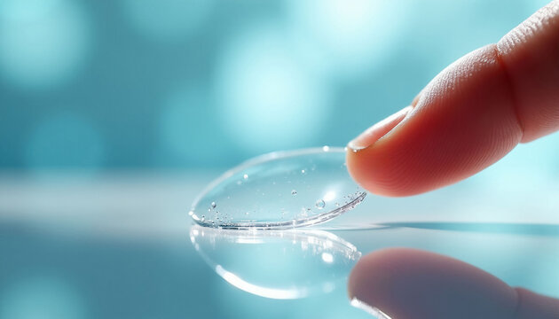 Finger holds transparent contact lens with water drops. Macro view of eye care accessory for vision correction. Modern eyeglass alternative. Health and optical lens.