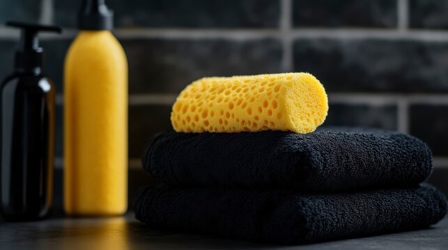 Yellow sponge on black towels and bottles near dark brick wall.