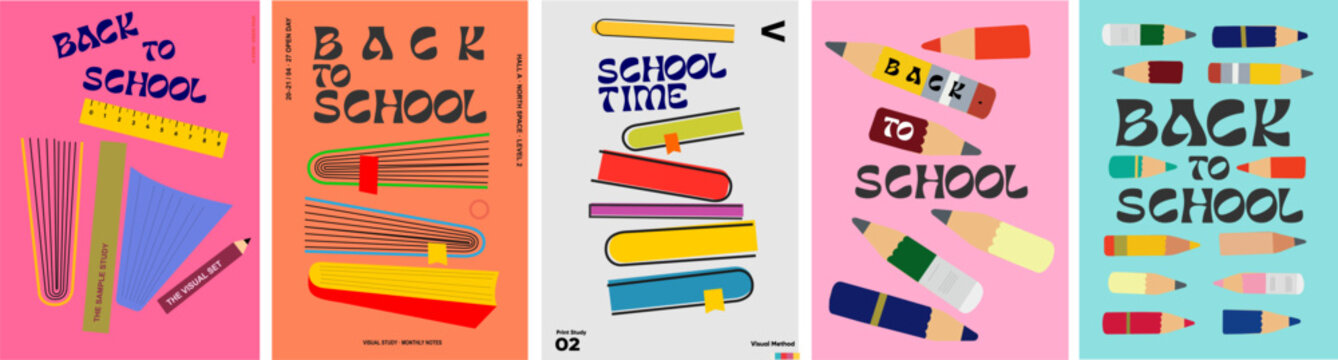 Five colorful back-to-school poster designs pair bold hand-lettered typography with stylized pencils, stacked books, rulers, paper forms and geometric school-supply graphics.