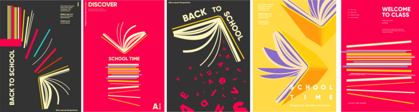 Five vertical back-to-school poster designs feature stylized open books, scattered letters and ruled lines in hot pink, charcoal, yellow, cream, orange and purple.