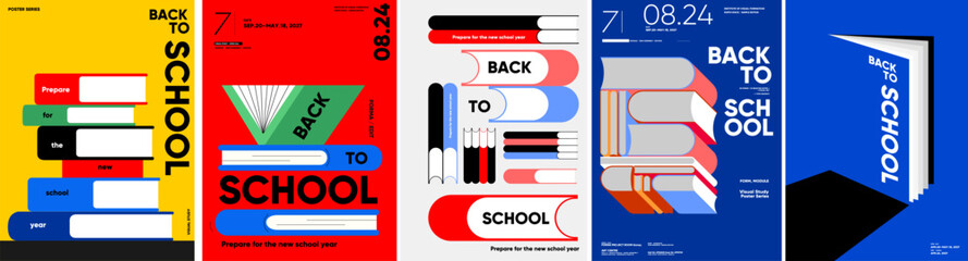 Obraz premium Five back-to-school poster designs feature bold typography and stylized books across red, blue, yellow, green, black and white geometric layouts with dated school-year messaging.